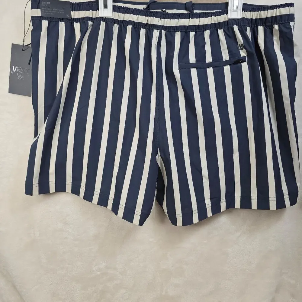 Vrst Striped resort swim shorts with navy and white vertical stripes NWT *FLAW*
